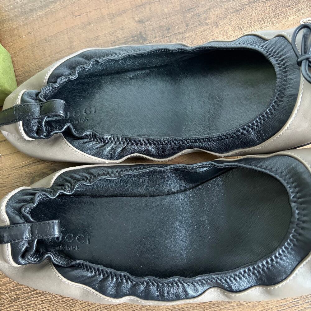 GUCCI Ballerina GG Bow 7.5 Black Tan Leather Flats 37.5 Women's Ballet Box Shoes - Picture 5 of 10